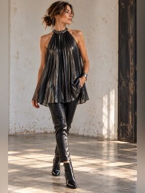 NWT Calvin Klein Metallic Pleated Halter Top Mini Dress 14